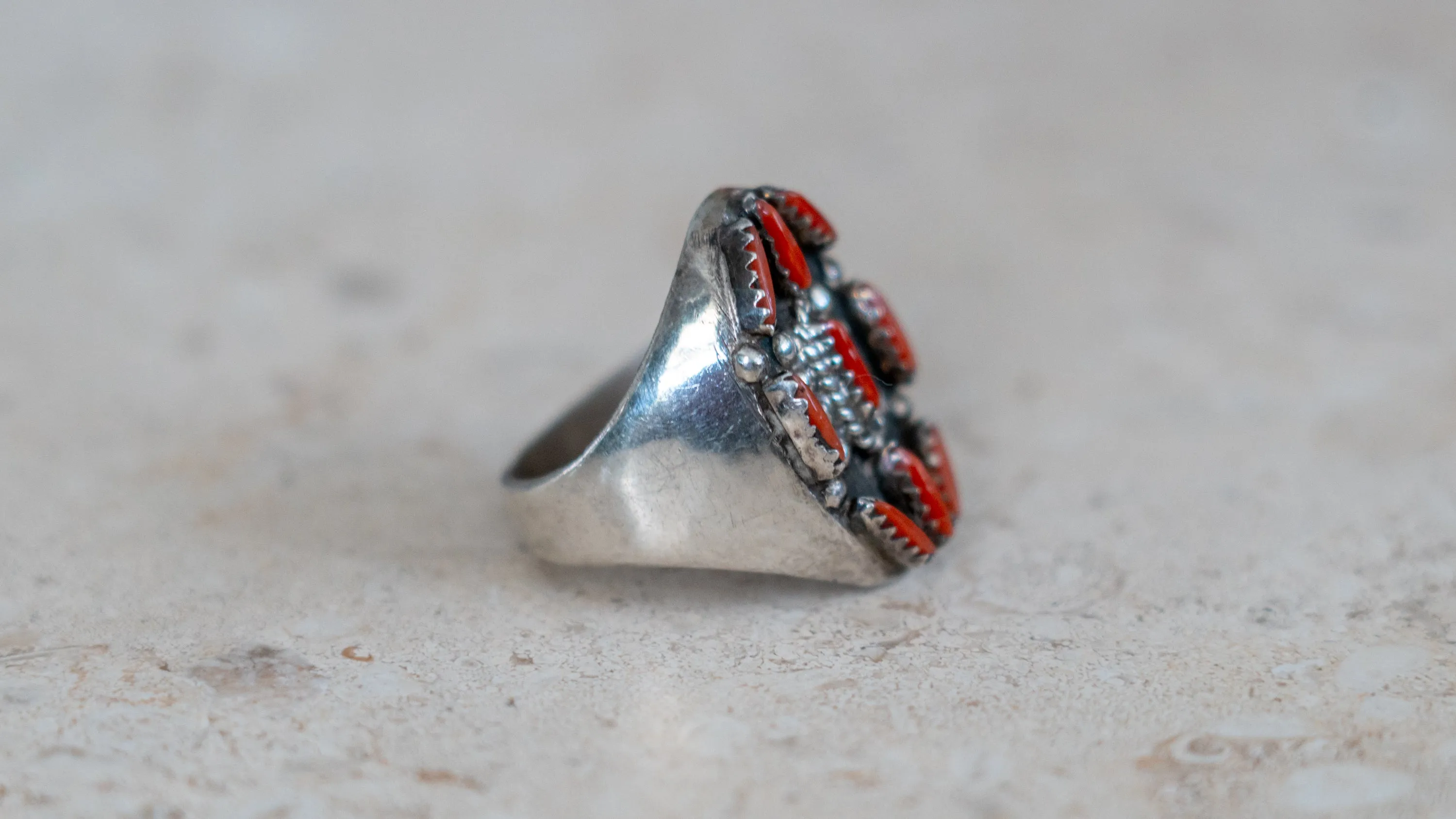 Large 19 Gram 1960s Zuni Petite Point Coral Inlay Size-11 sold by Kilroy-VTG product image thumbnail 3