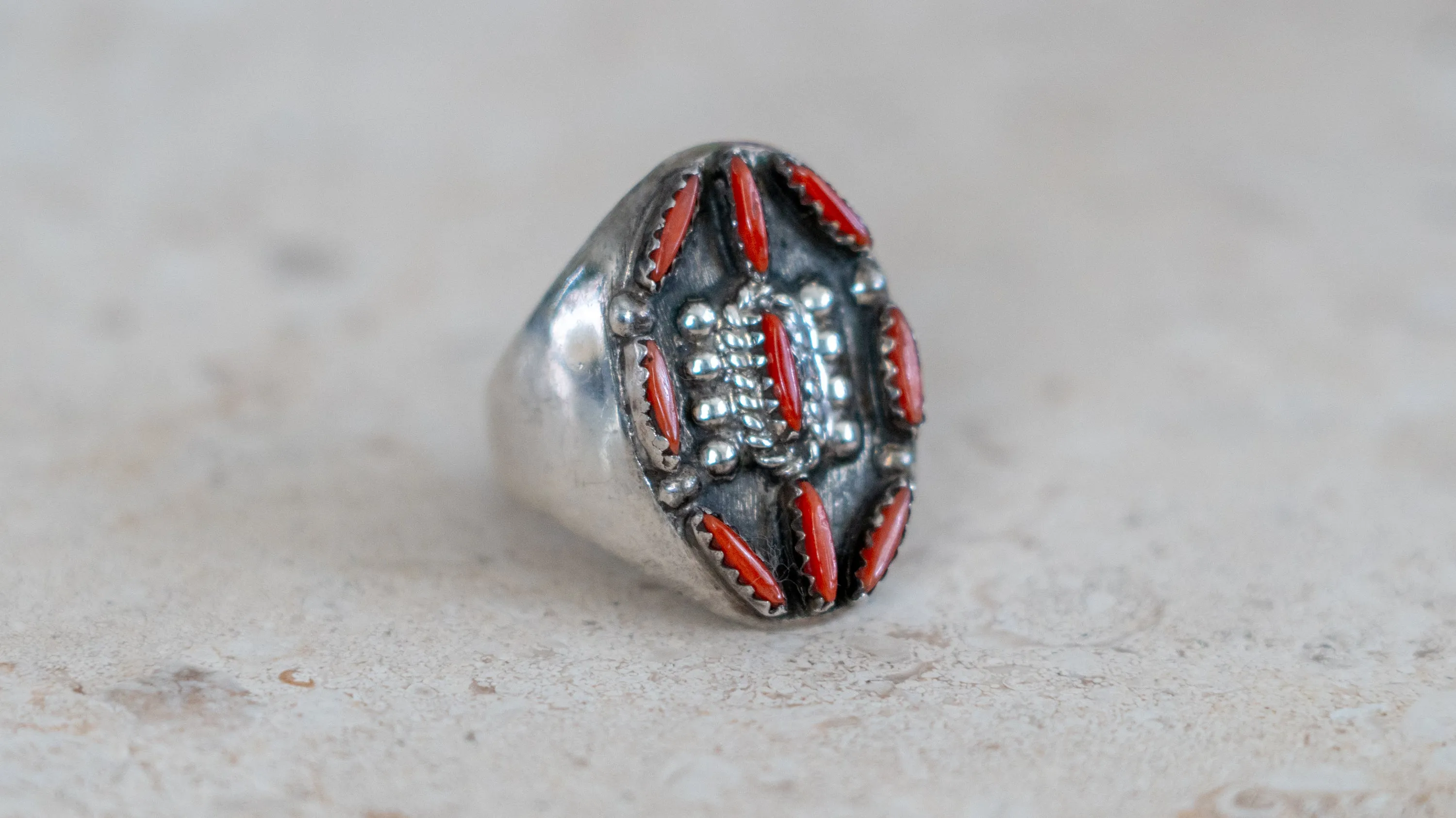Large 19 Gram 1960s Zuni Petite Point Coral Inlay Size-11 sold by Kilroy-VTG product image thumbnail 2