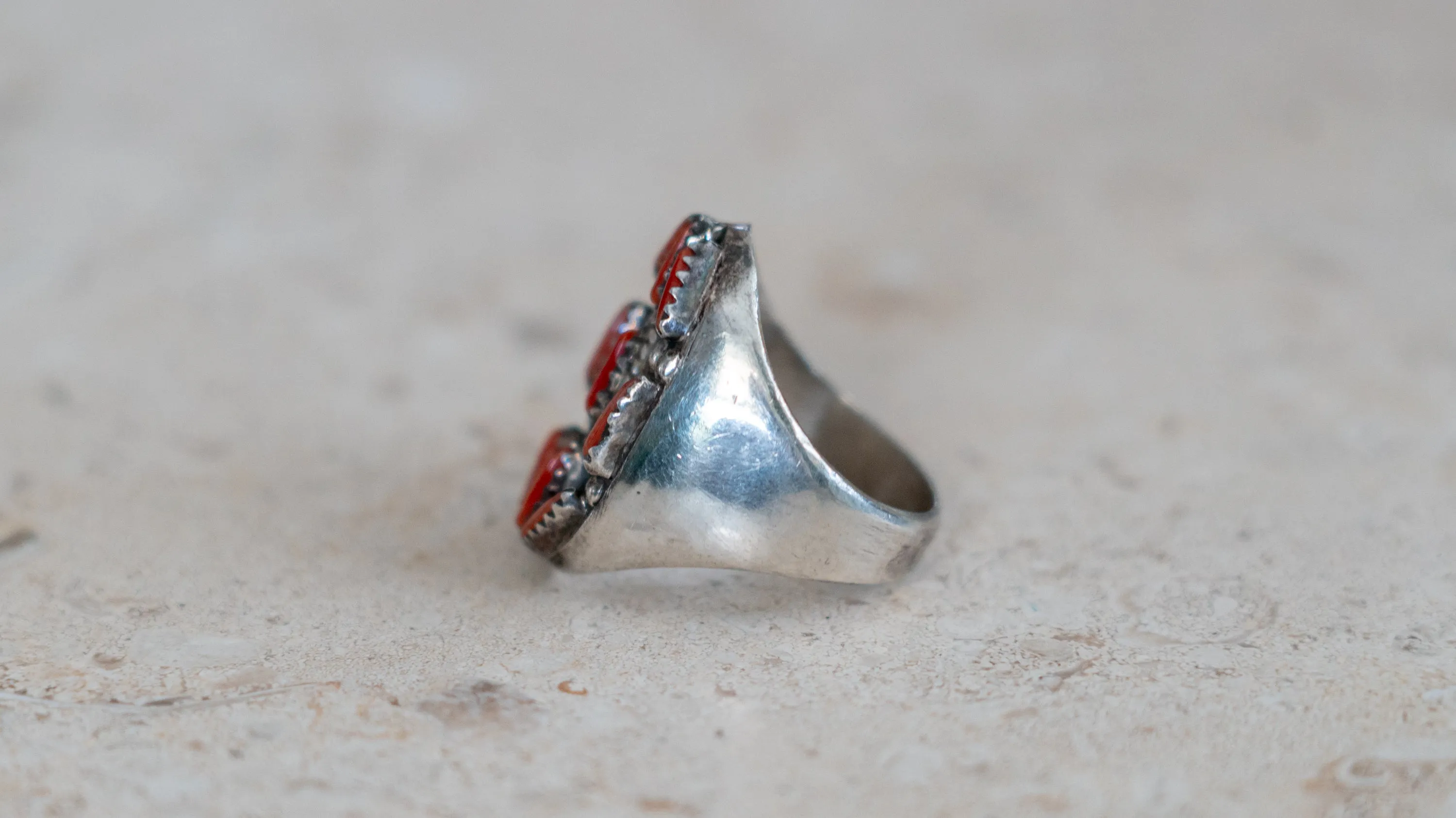 Large 19 Gram 1960s Zuni Petite Point Coral Inlay Size-11 sold by Kilroy-VTG product image thumbnail 5
