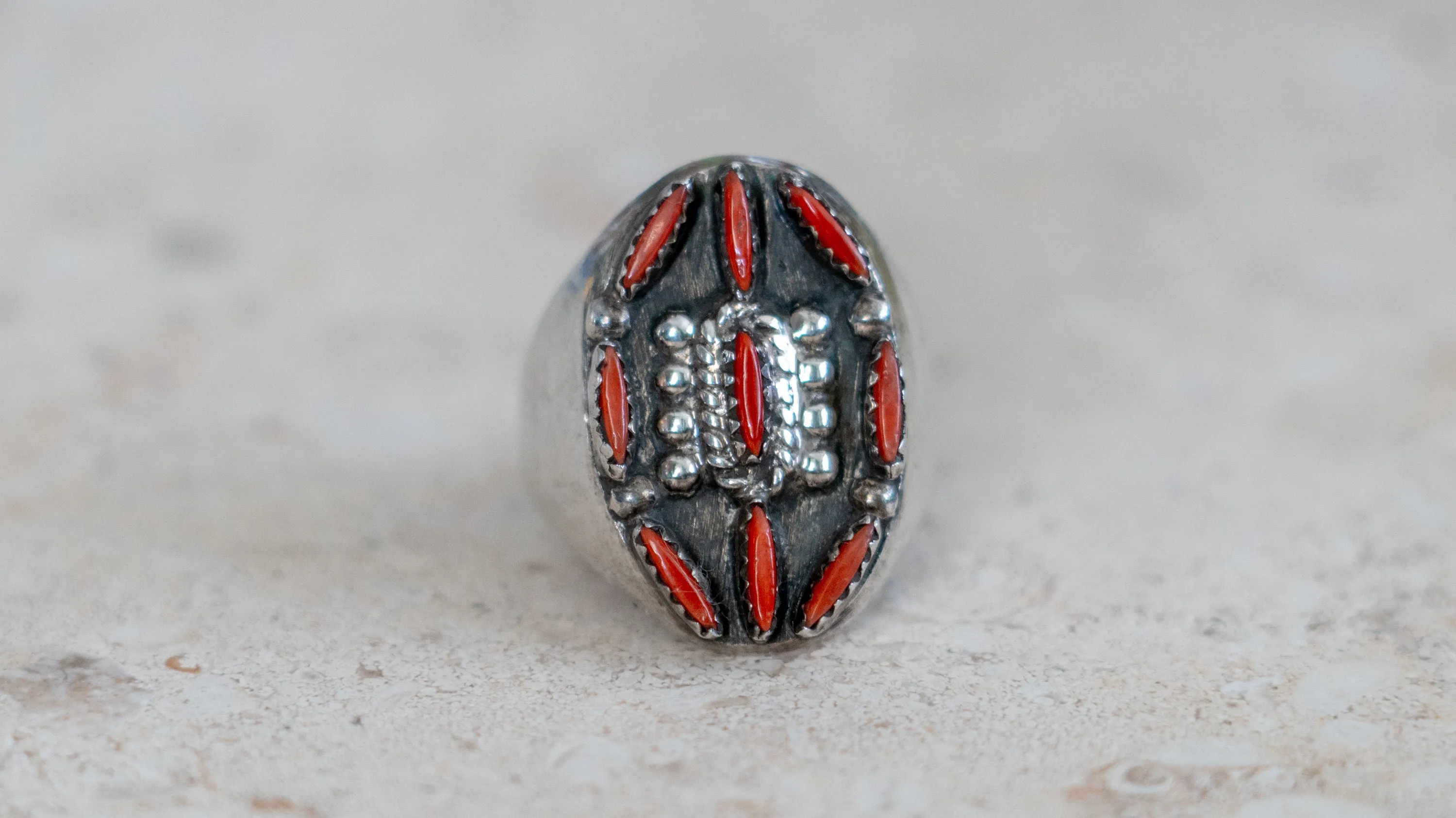 Large 19 Gram 1960s Zuni Petite Point Coral Inlay Size-11 sold by Kilroy-VTG