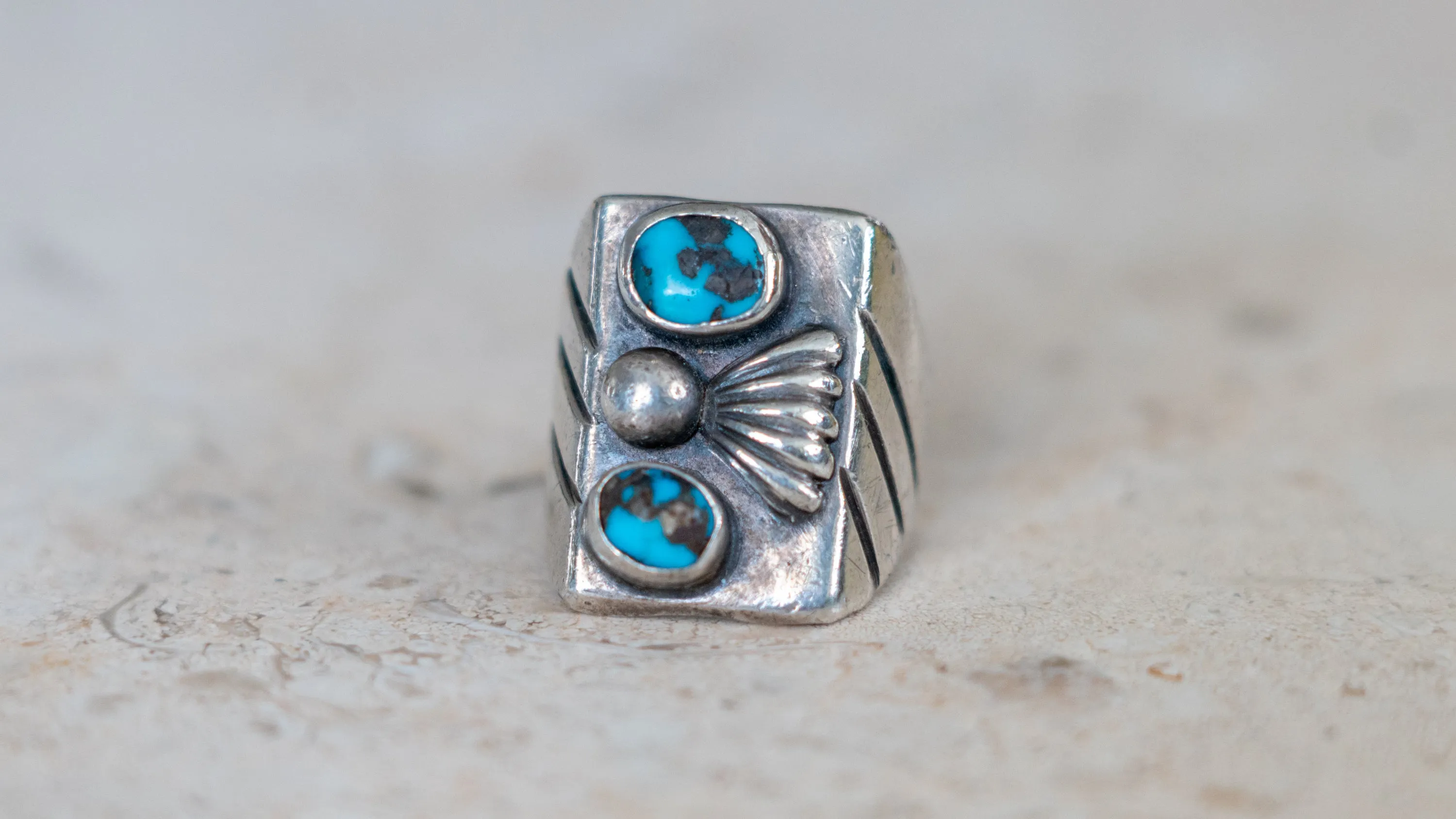 Chunky Mid Century Double Turquoise Inlay Ring Size-8.5 sold by Kilroy-VTG