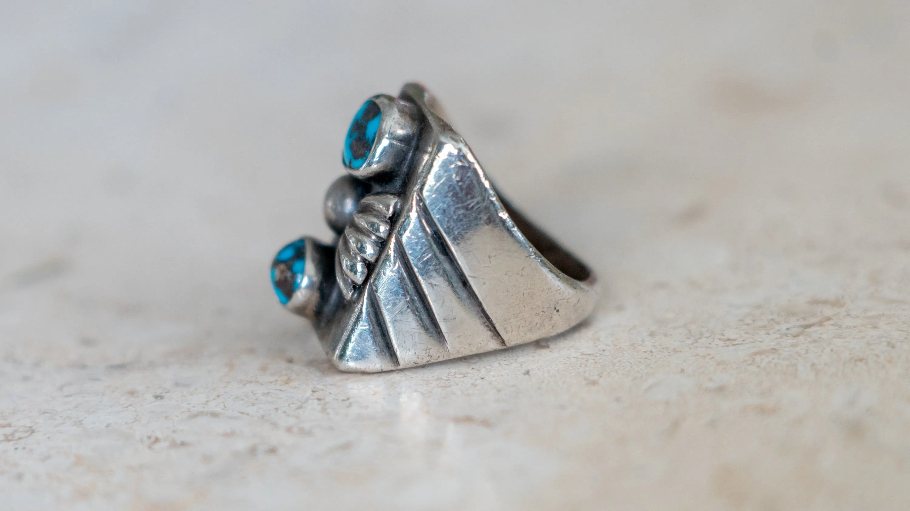 Chunky Mid Century Double Turquoise Inlay Ring Size-8.5 sold by Kilroy-VTG product image thumbnail 5