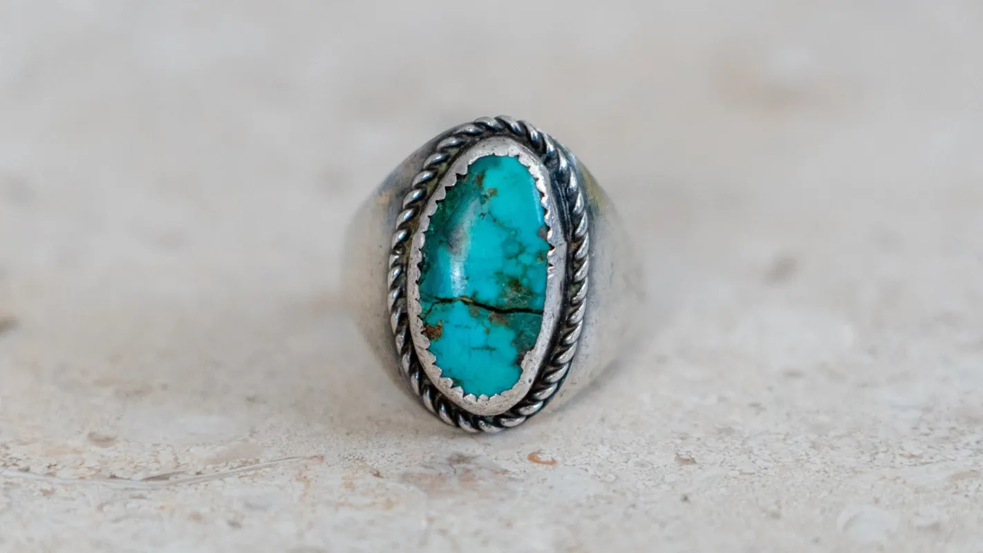 Old Pawn Dark Turquoise Soutwest Men's Ring Size-10 made by Kilroy-VTG