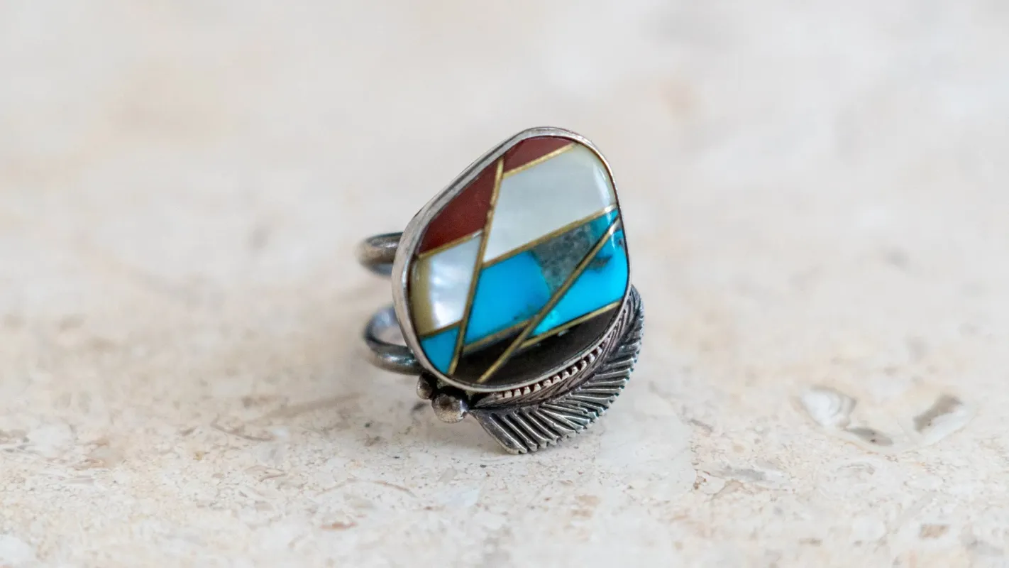 10k Gold & Sterling 1960s Multistone Zuni Inlay Size-8.5 made by Kilroy-VTG