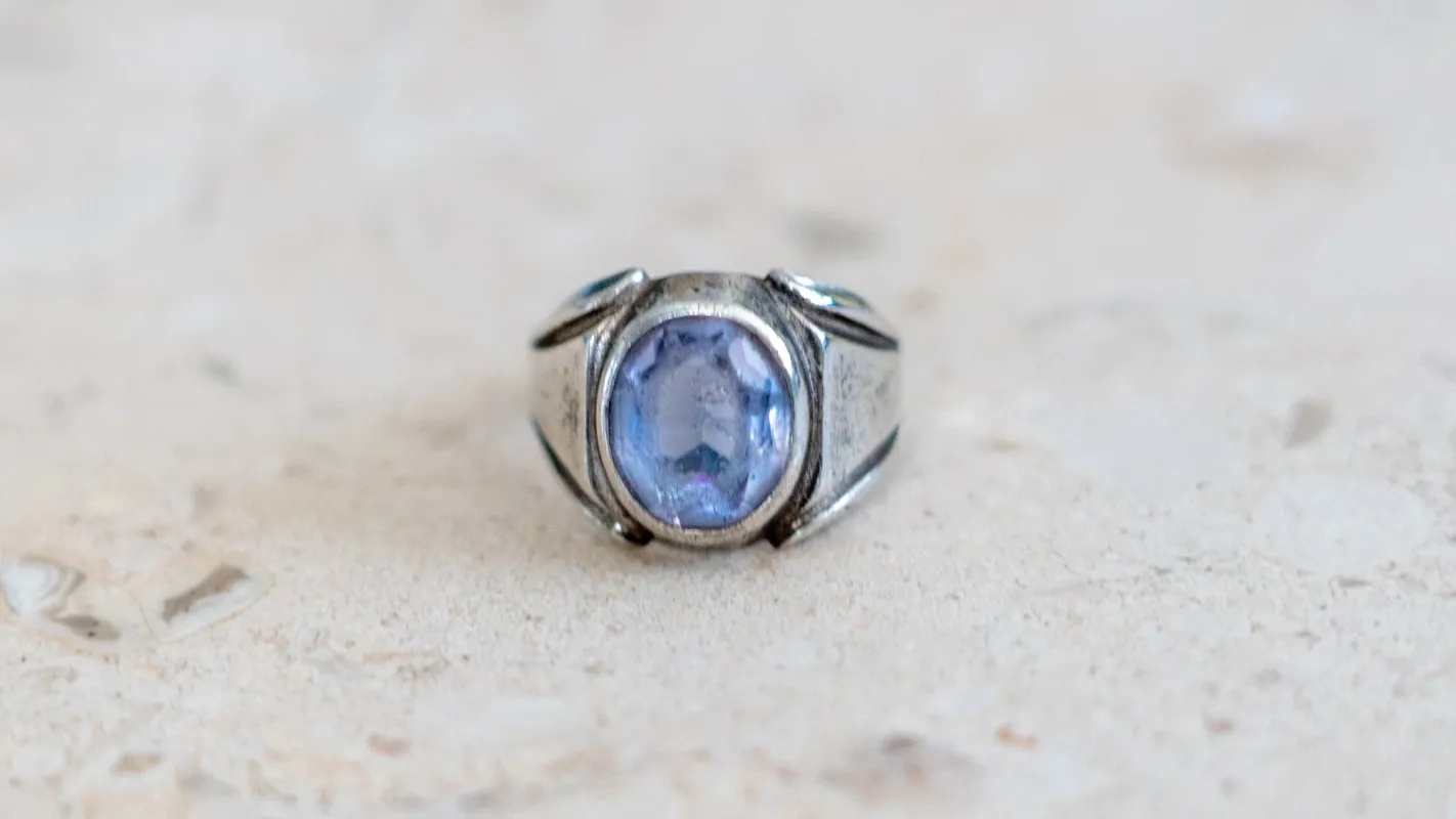1940s Art Deco Styled Faux Sapphire Gents Ring Size-8 made by Kilroy-VTG