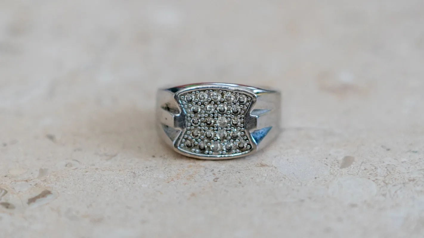 Blinged Out 1980s Chrome CZ Diamond Ring Size-12 made by Kilroy-VTG