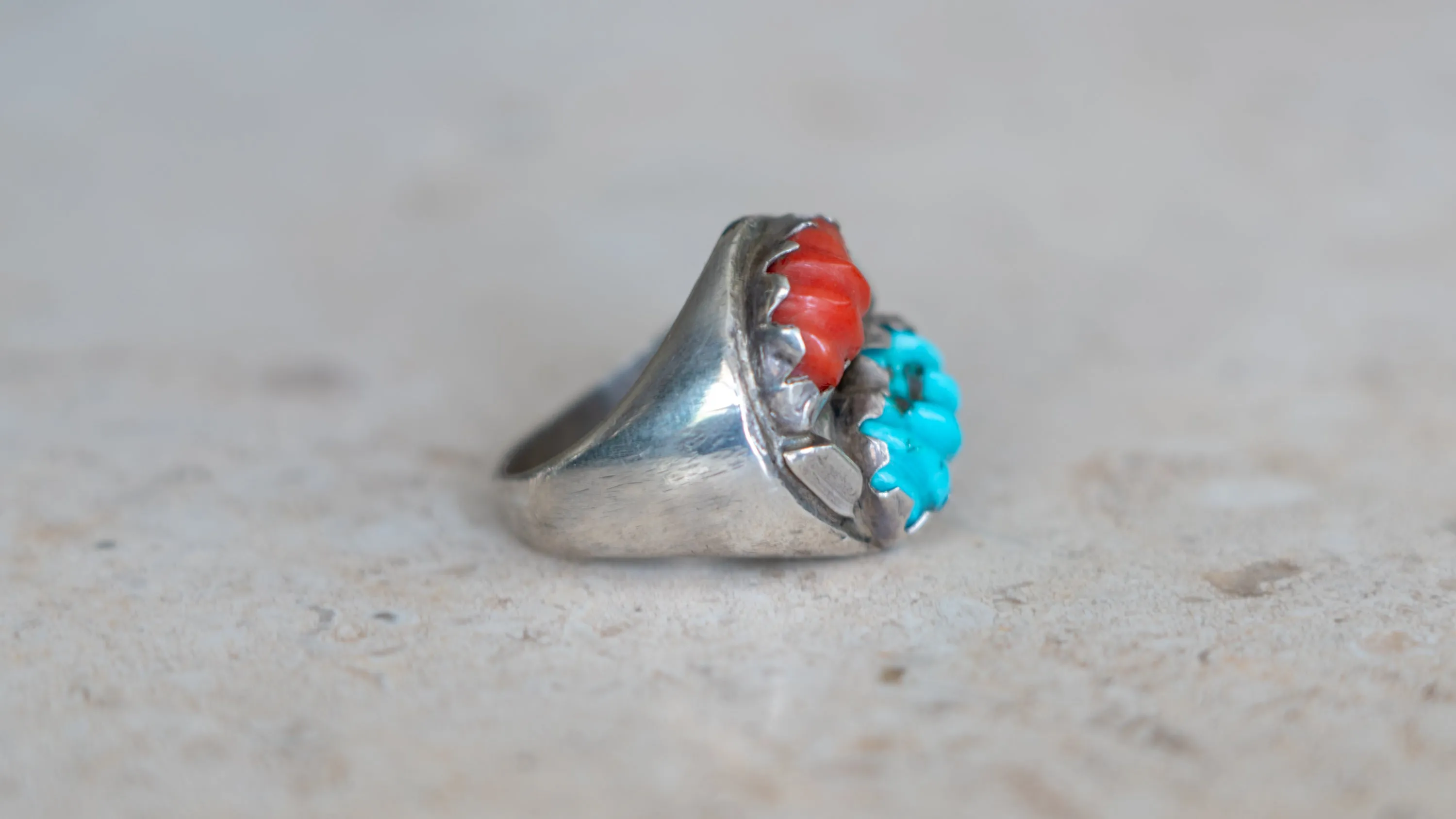 Unique Carved Coral and Turquoise Southwest Ring Size-10 sold by Kilroy-VTG product image thumbnail 3