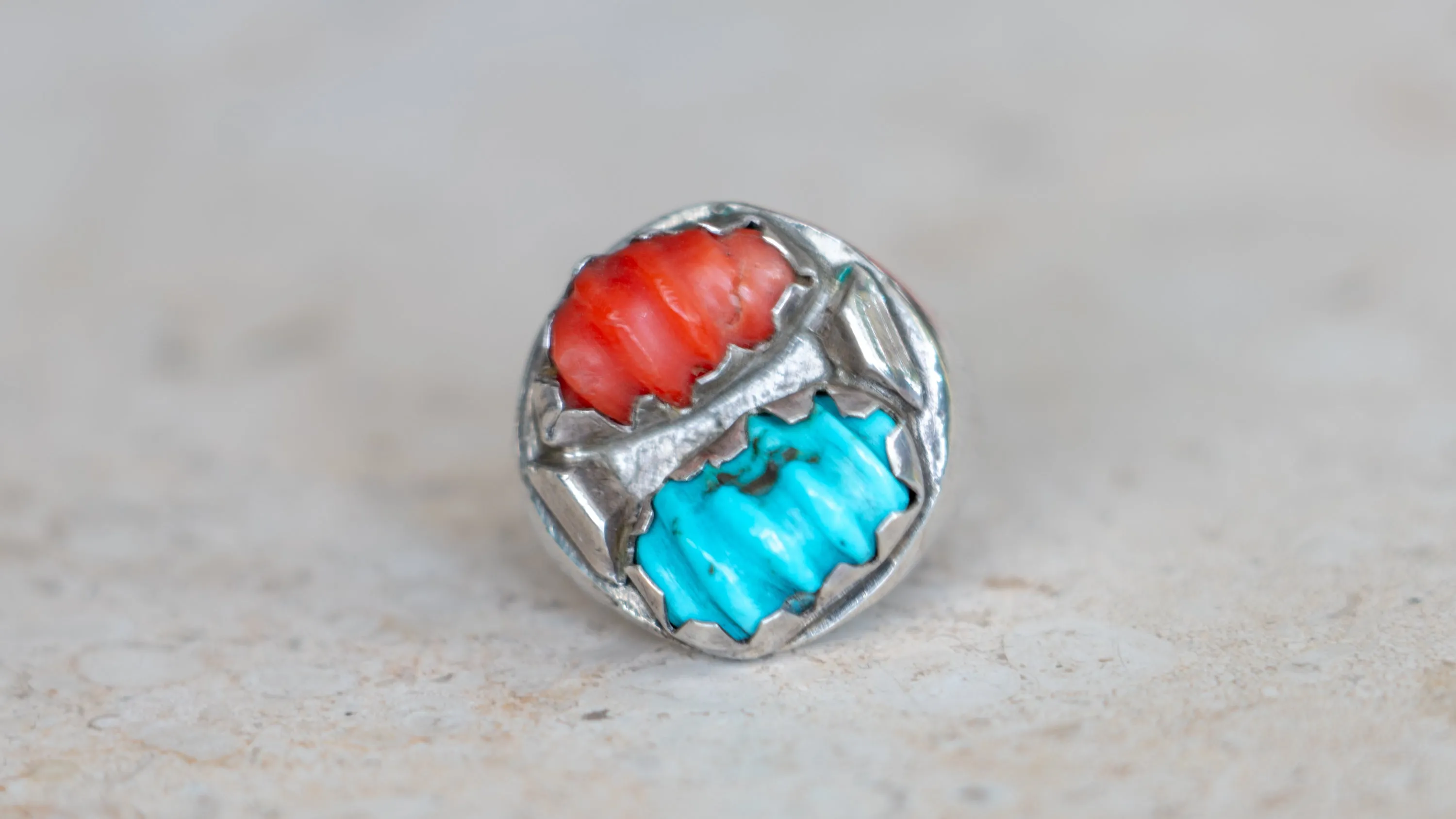 Unique Carved Coral and Turquoise Southwest Ring Size-10 sold by Kilroy-VTG