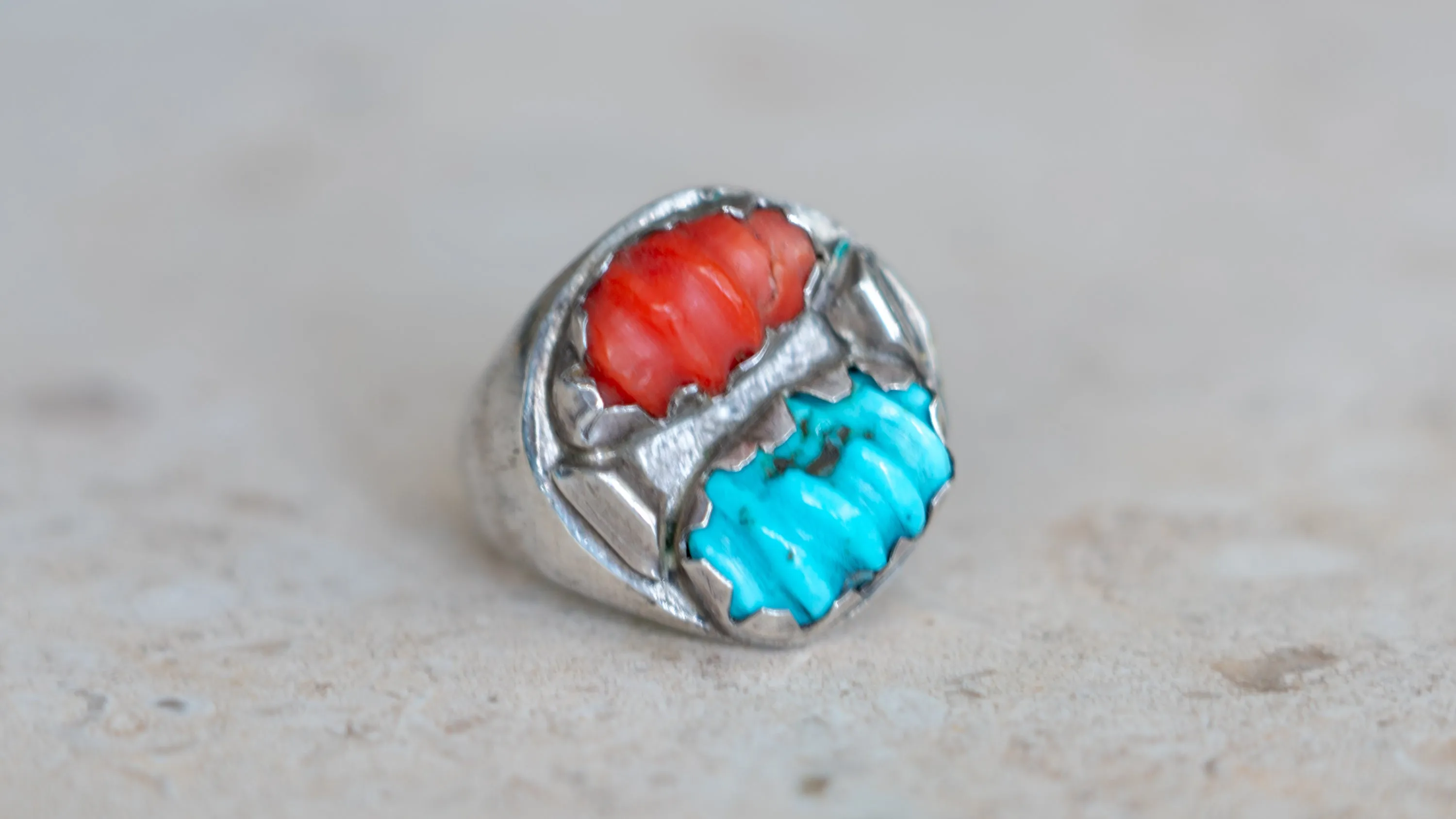 Unique Carved Coral and Turquoise Southwest Ring Size-10 sold by Kilroy-VTG product image thumbnail 2