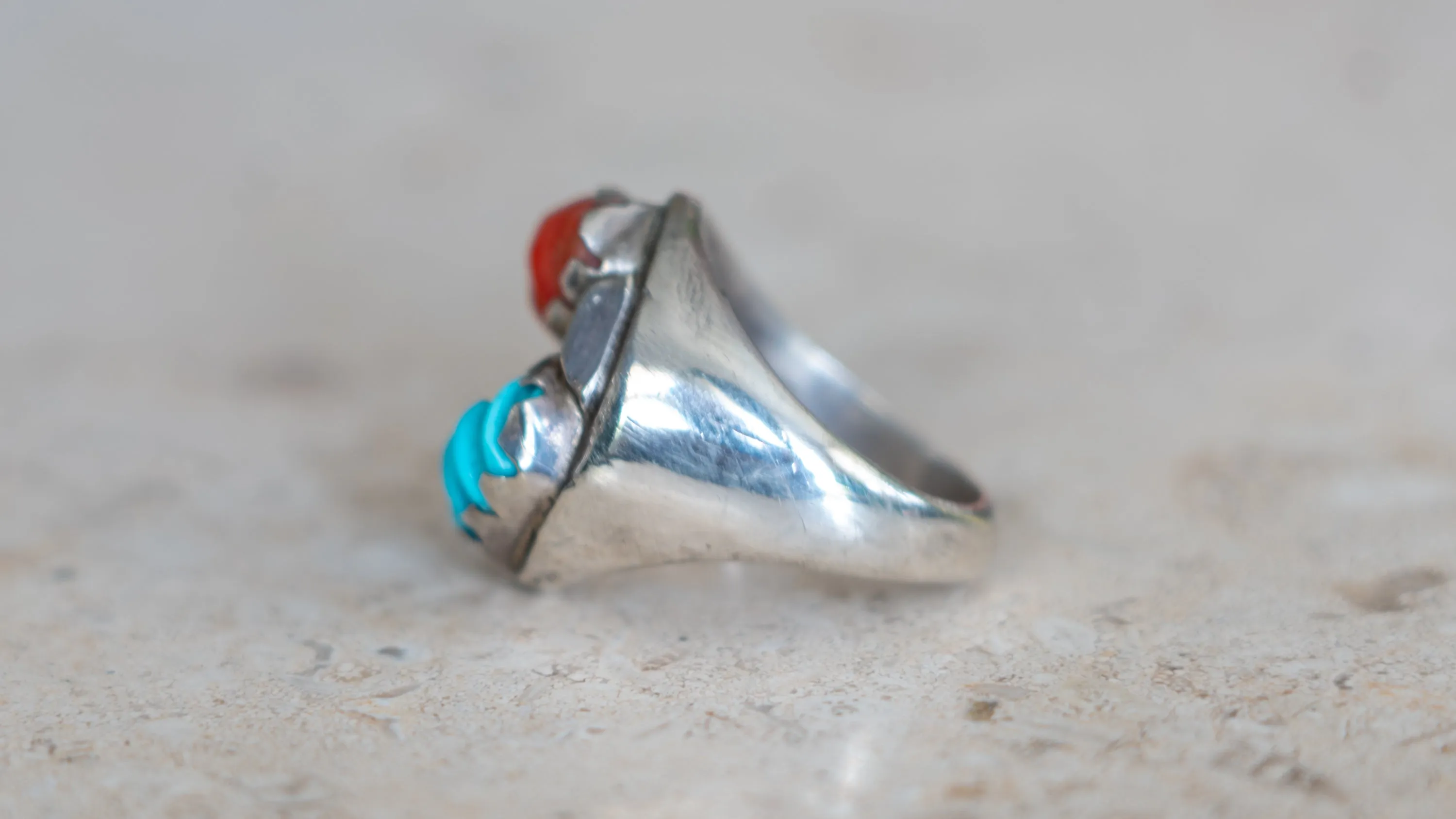Unique Carved Coral and Turquoise Southwest Ring Size-10 sold by Kilroy-VTG product image thumbnail 5