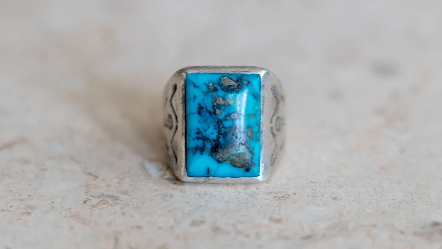 Mid Century Turquoise Bell Trading Post Ring Size-10 made by Kilroy-VTG