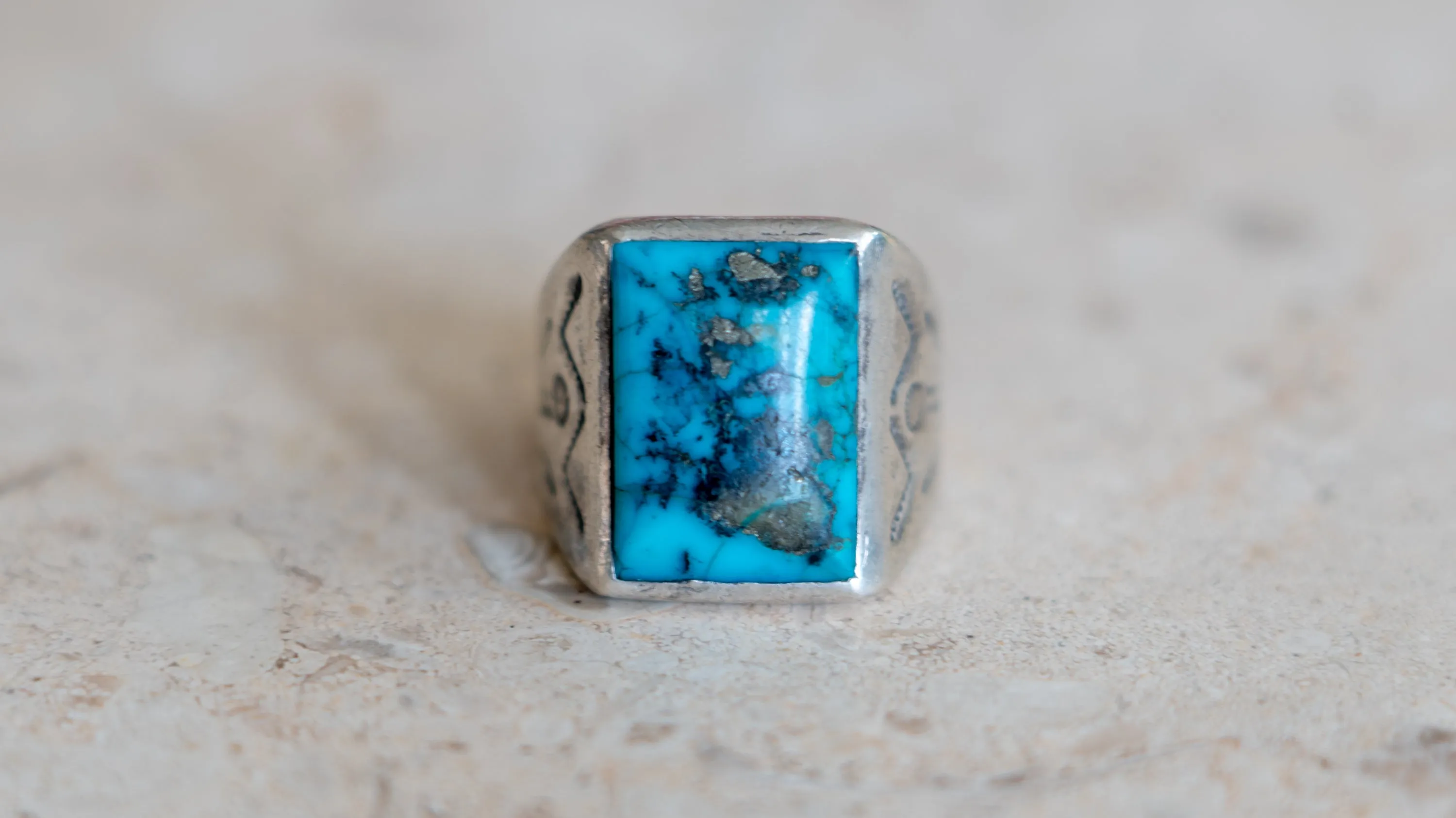 Mid Century Turquoise Bell Trading Post Ring Size-10 sold by Kilroy-VTG