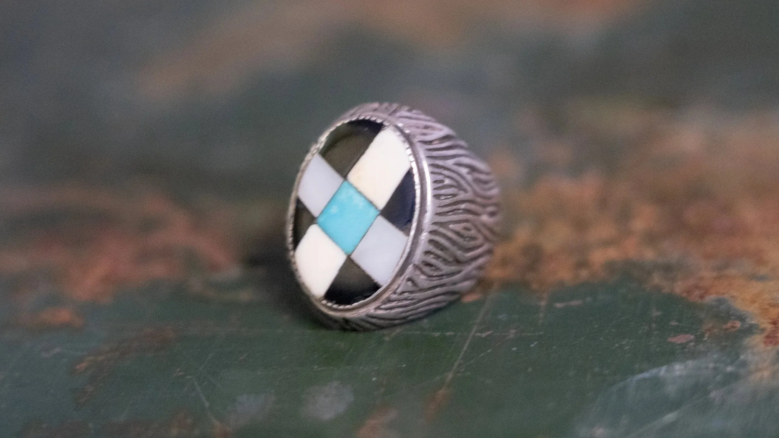 Heavy 1960s Southwestern Oval Inlay Ring Size-9 sold by Kilroy-VTG