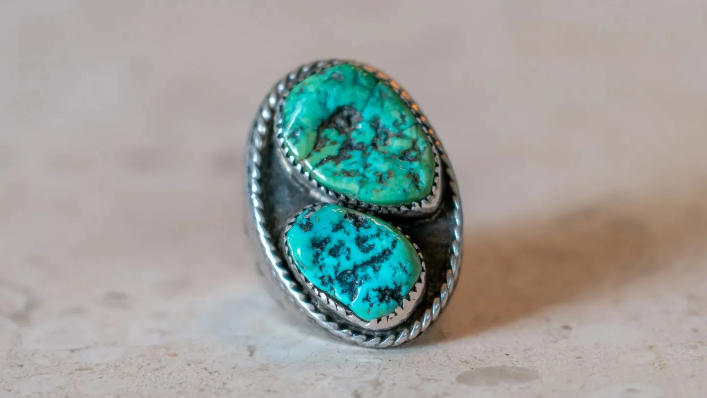 Massive Mid Century Double Turquoise Inlay 1950s Ring Size-10 made by Kilroy-VTG