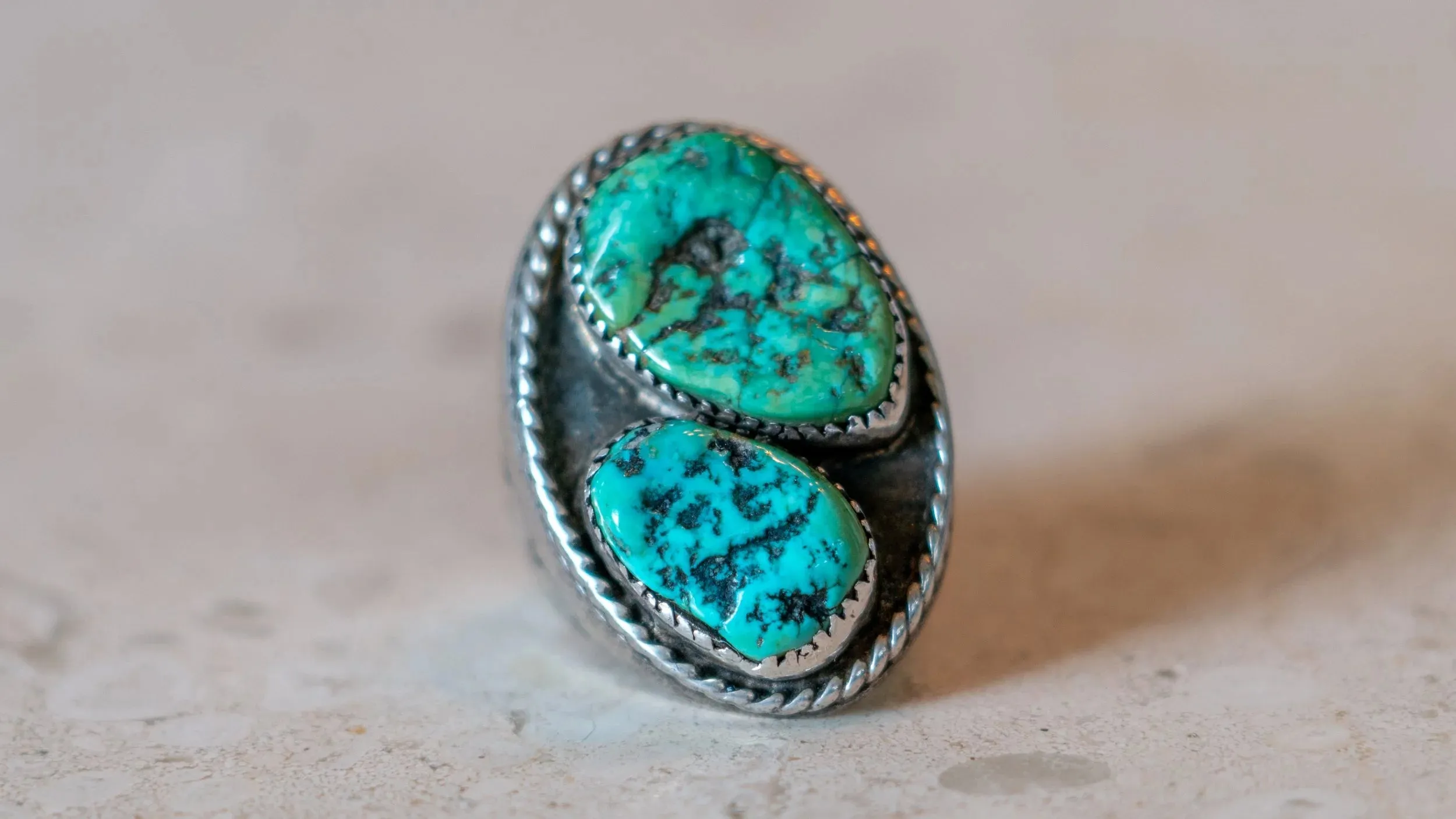 Massive Mid Century Double Turquoise Inlay 1950s Ring Size-10 sold by Kilroy-VTG