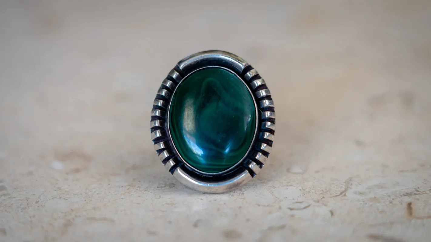 Heavy Symmetrical Malachite Old Pawn Ring Size-9 made by Kilroy-VTG
