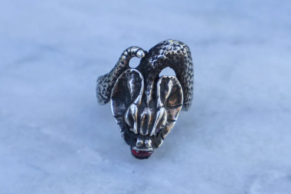 Large Mid Century Cobra Garnet Stone Inlaid Snake Ring Size-12 made by Kilroy-VTG