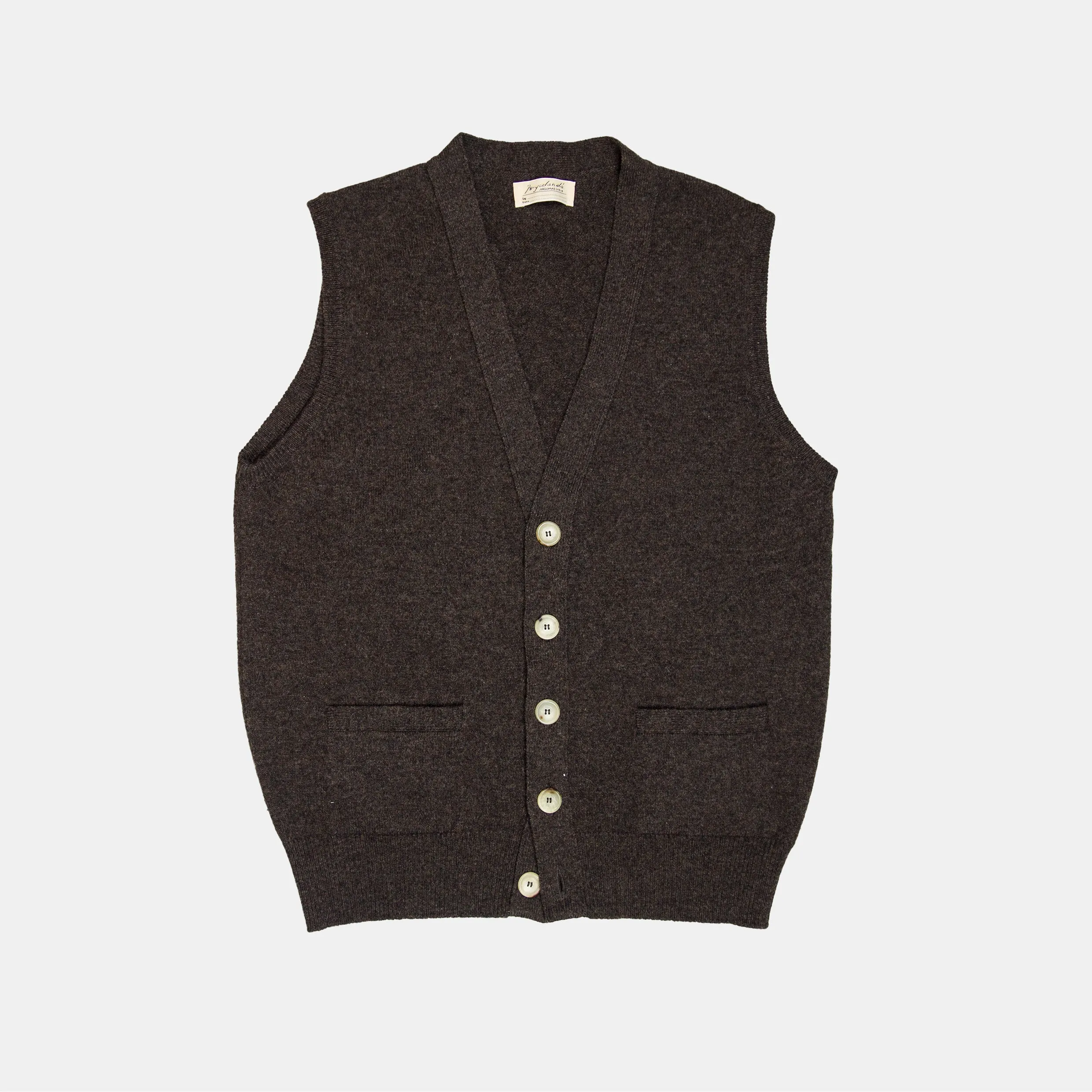 Lambswool Sleeveless Cardigan Cocoa sold by Bryceland's