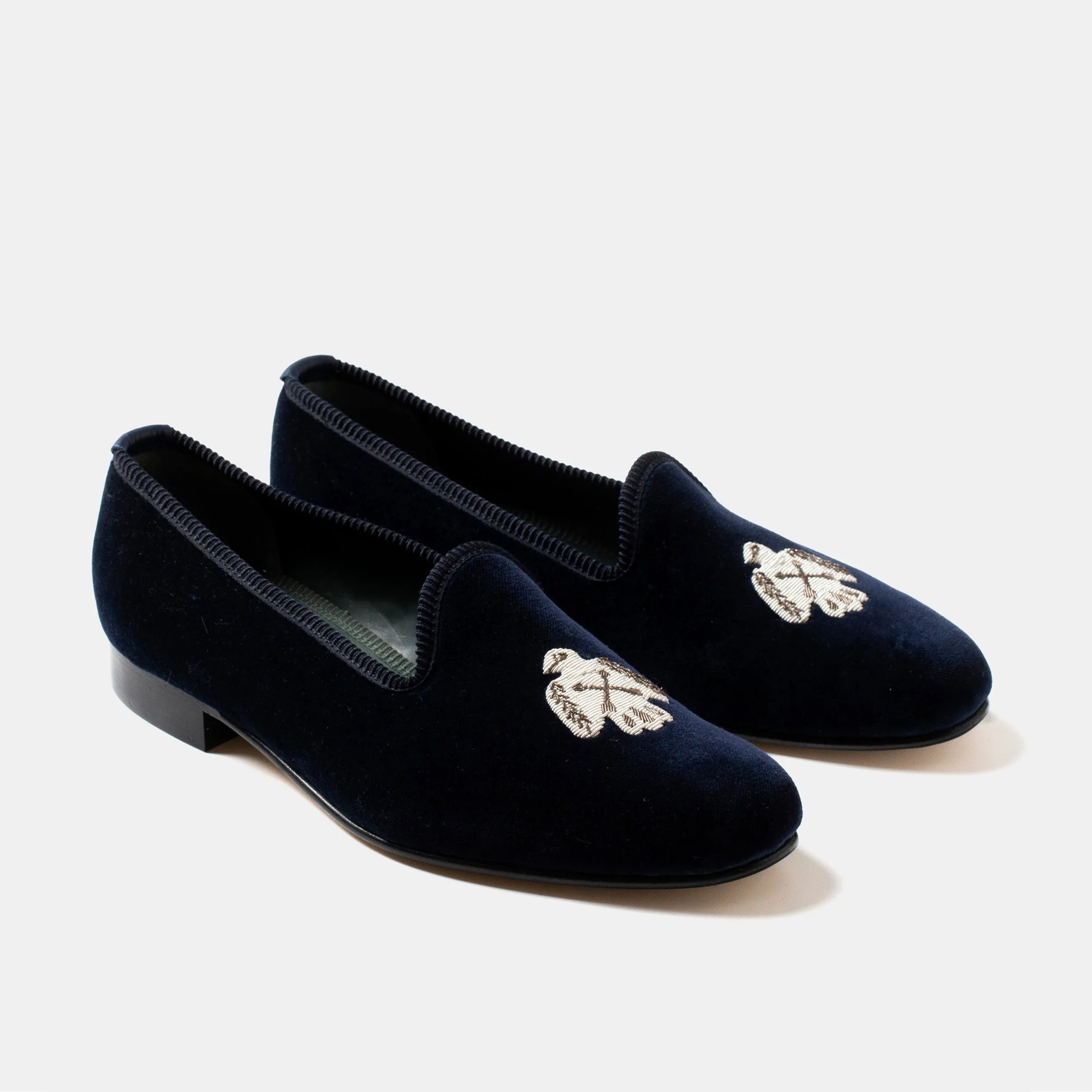 Bryceland's x Bowhill & Elliott Velvet Slippers Navy sold by Bryceland's