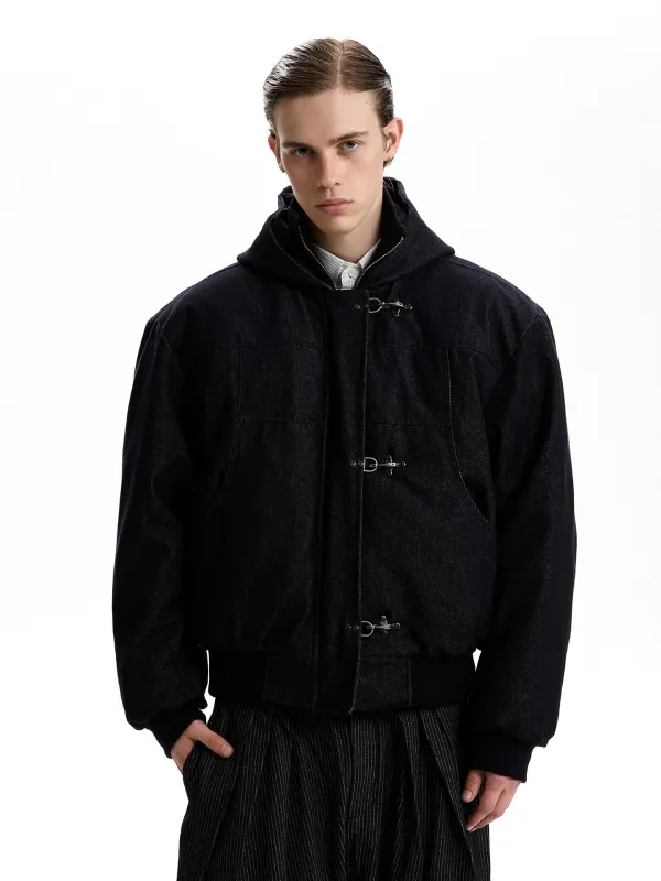 Boxy Fireman Clasp Hooded Dark-Wash Denim Zip Jacket sold by Night City Clothing
