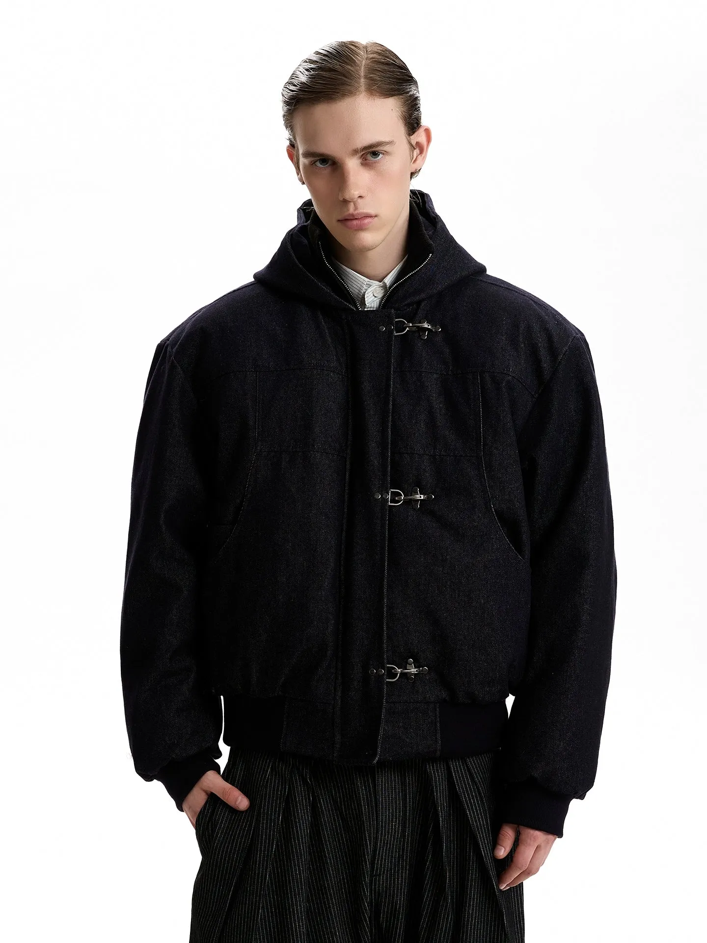 Boxy Fireman Clasp Hooded Dark-Wash Denim Zip Jacket sold by Night City Clothing