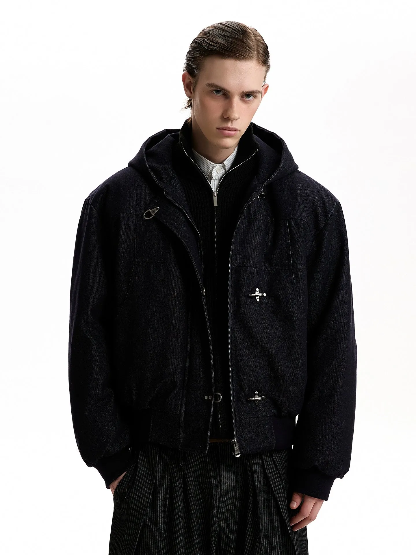 Boxy Fireman Clasp Hooded Dark-Wash Denim Zip Jacket sold by Night City Clothing product image thumbnail 2