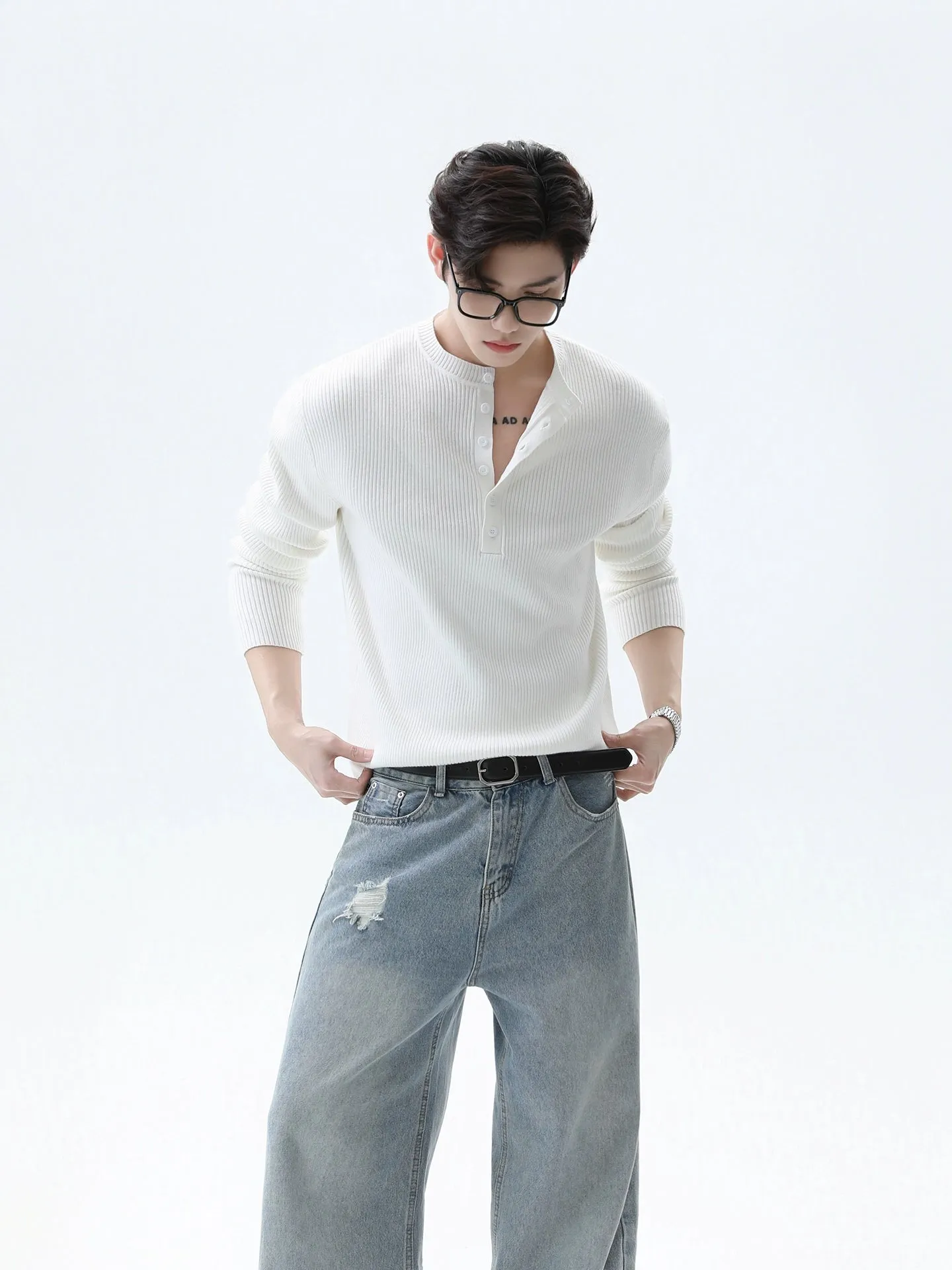 Ribbed Knit Henley Sweatshirt with Button Neckline sold by Night City Clothing product image thumbnail 2