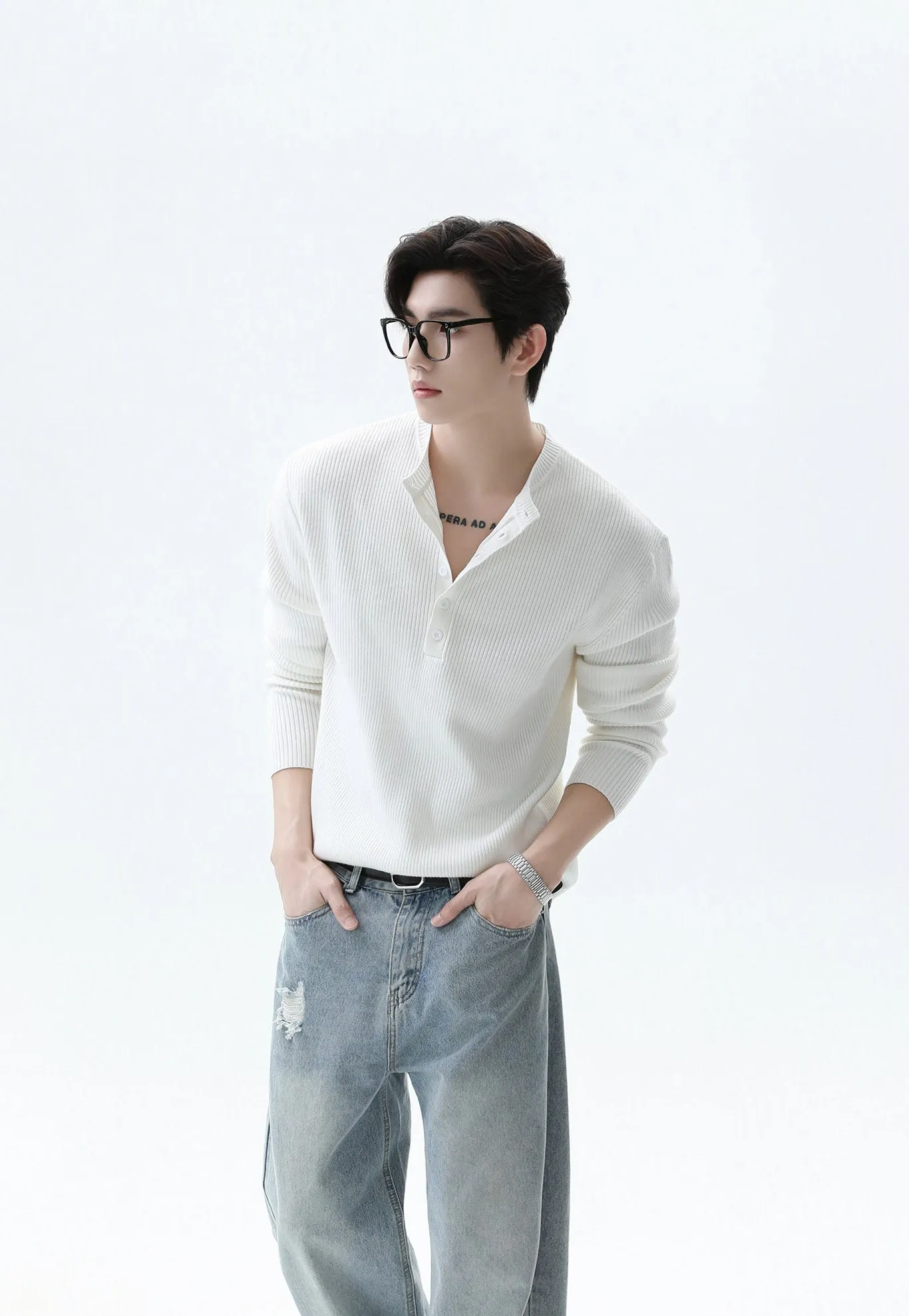 Ribbed Knit Henley Sweatshirt with Button Neckline sold by Night City Clothing product image thumbnail 4