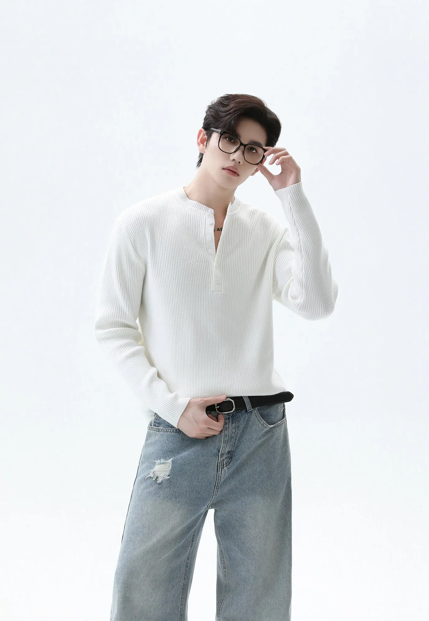 Ribbed Knit Henley Sweatshirt with Button Neckline sold by Night City Clothing product image thumbnail 3