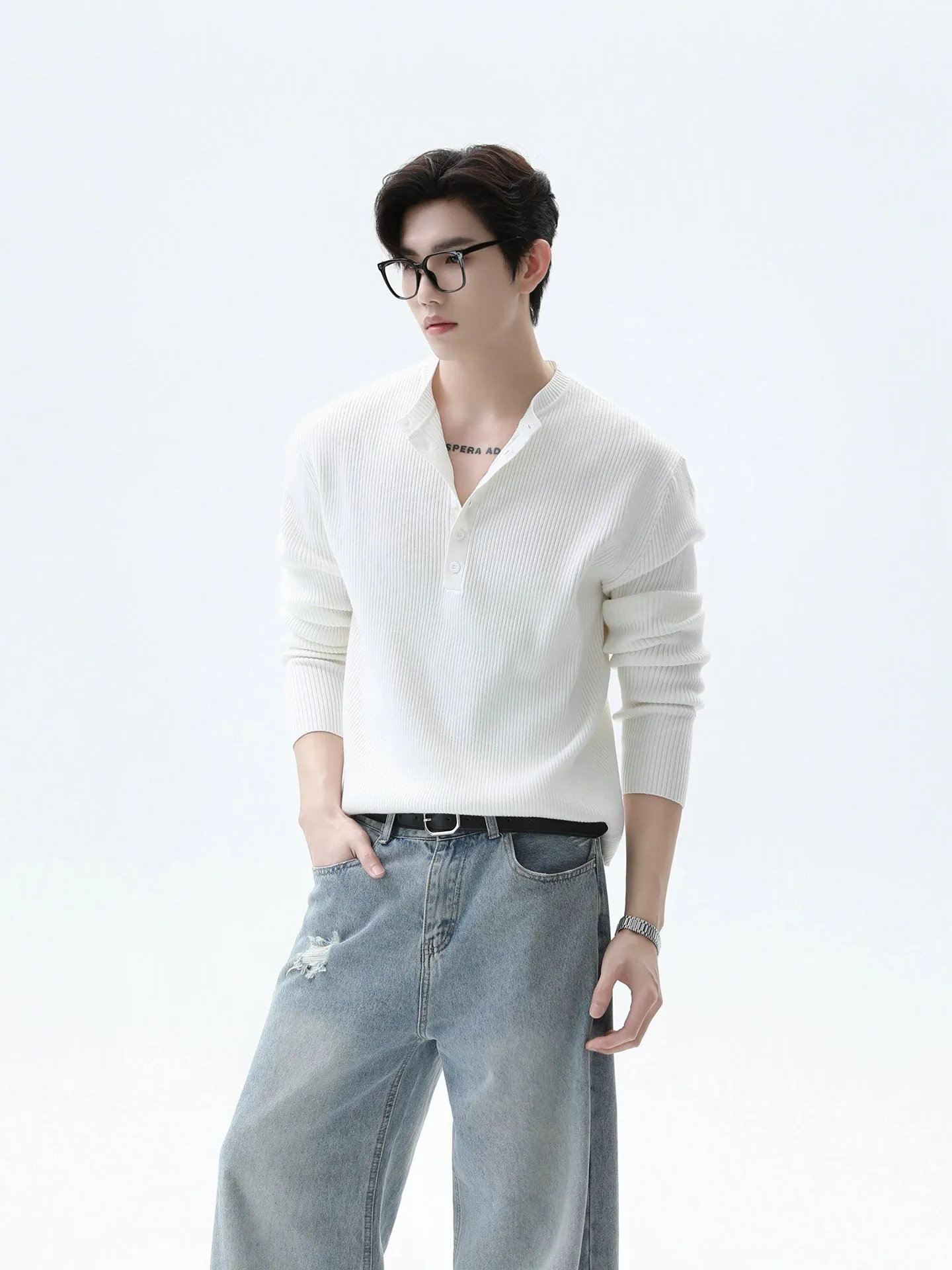 Ribbed Knit Henley Sweatshirt with Button Neckline sold by Night City Clothing