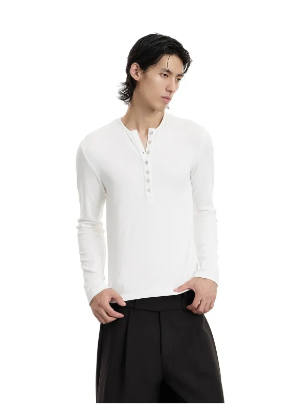 Skinny-Fit Henley Button Long Sleeve T-Shirt sold by Night City Clothing