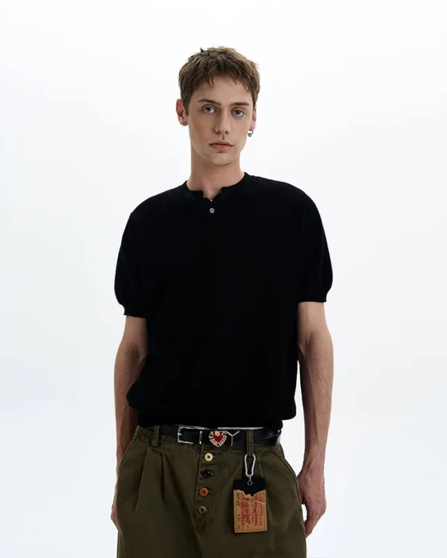 Waffle Textured Short Sleeve Henley Knit Lightweight Top sold by Night City Clothing