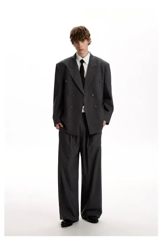 Boxy Double-Breasted Pinstripe Blazer and Wide Leg Pleated Pants Two-Piece Set sold by Night City Clothing