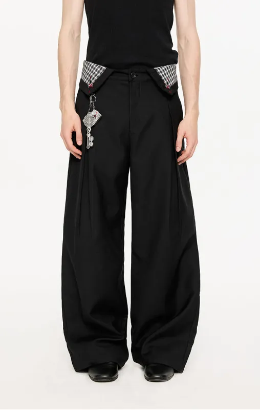 Fold-Over Plaid Pattern Waist Pleated Pants made by Night City Clothing