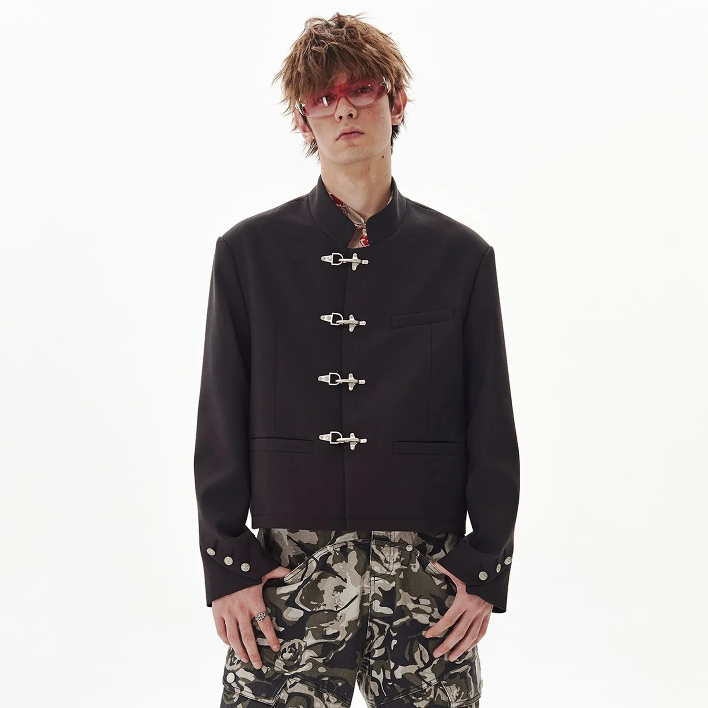 Fireman Clasp Mandarin Collar Cropped Suit Jacket sold by Night City Clothing