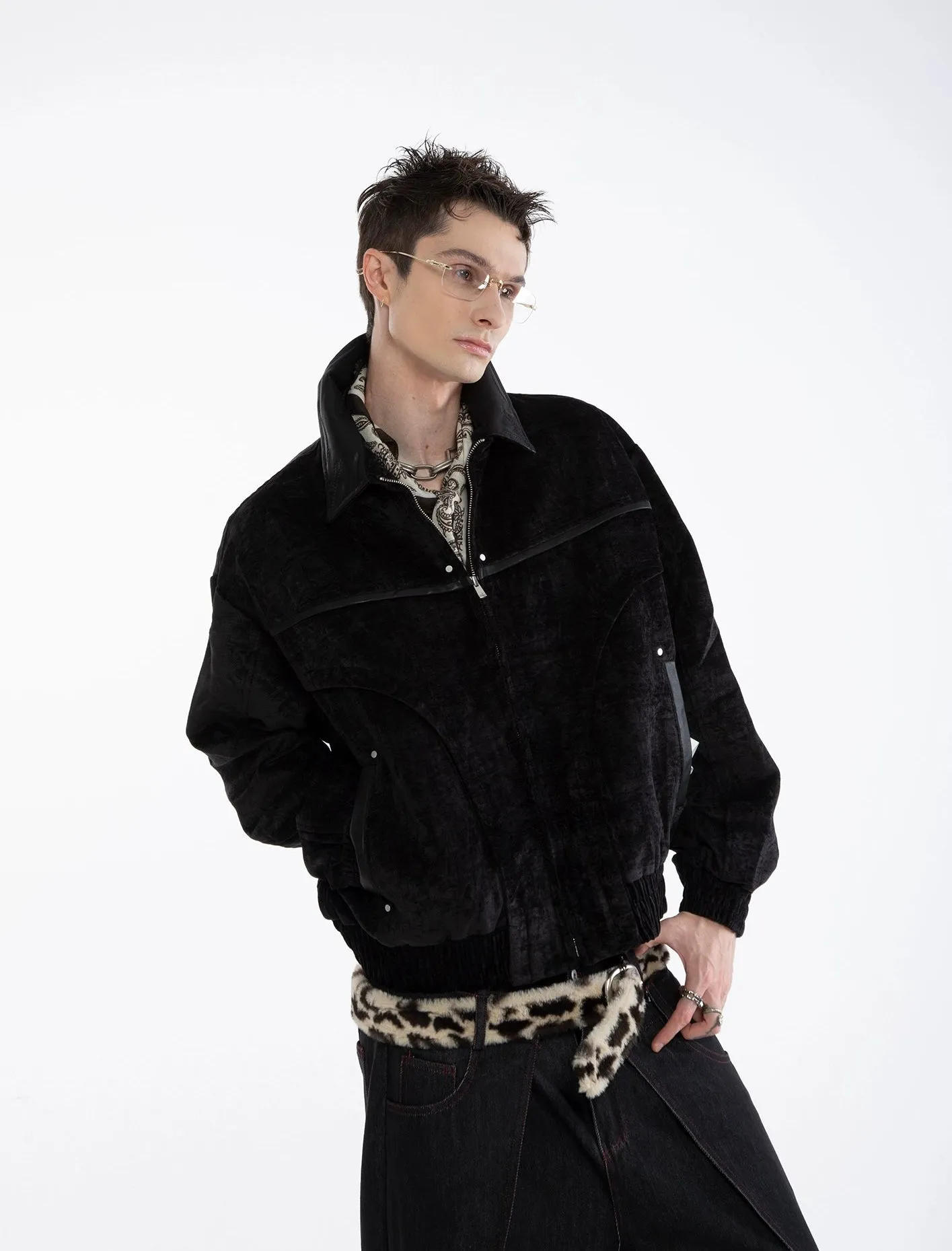 Paneled Mid-Crop Velvet Bomber Jacket sold by Night City Clothing product image thumbnail 4