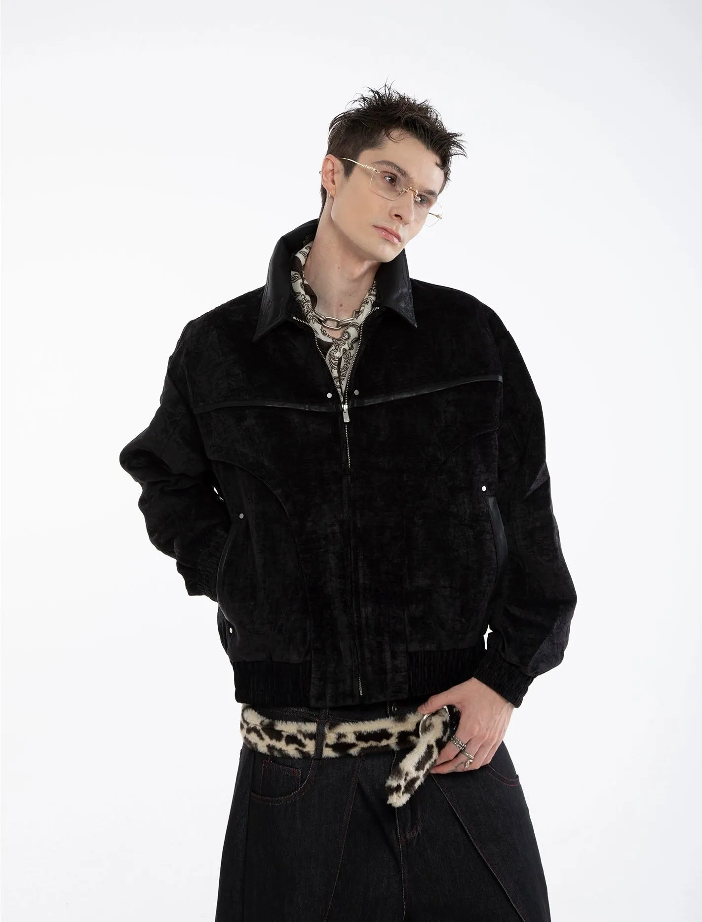 Paneled Mid-Crop Velvet Bomber Jacket sold by Night City Clothing product image thumbnail 5