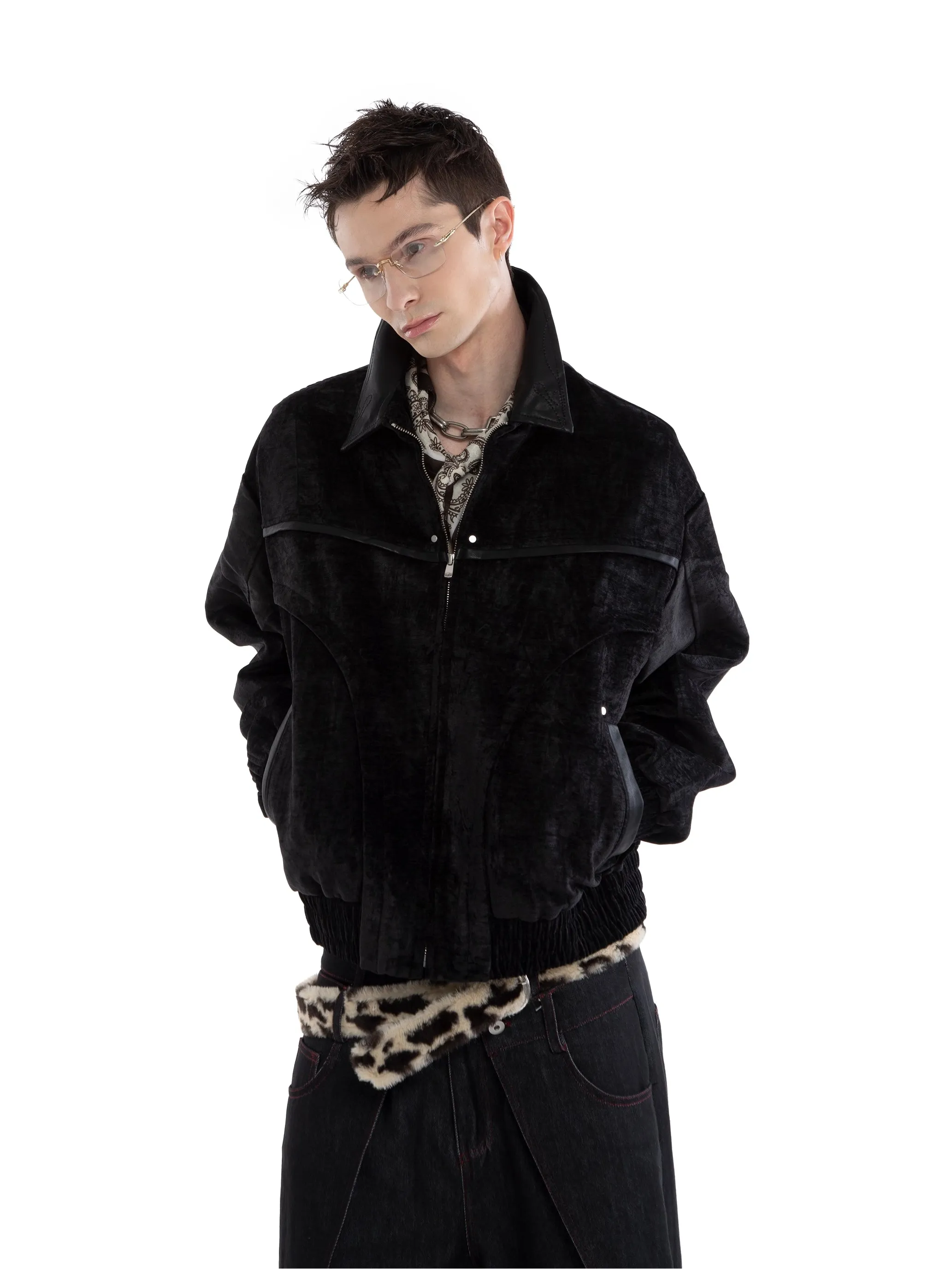 Paneled Mid-Crop Velvet Bomber Jacket sold by Night City Clothing product image thumbnail 3