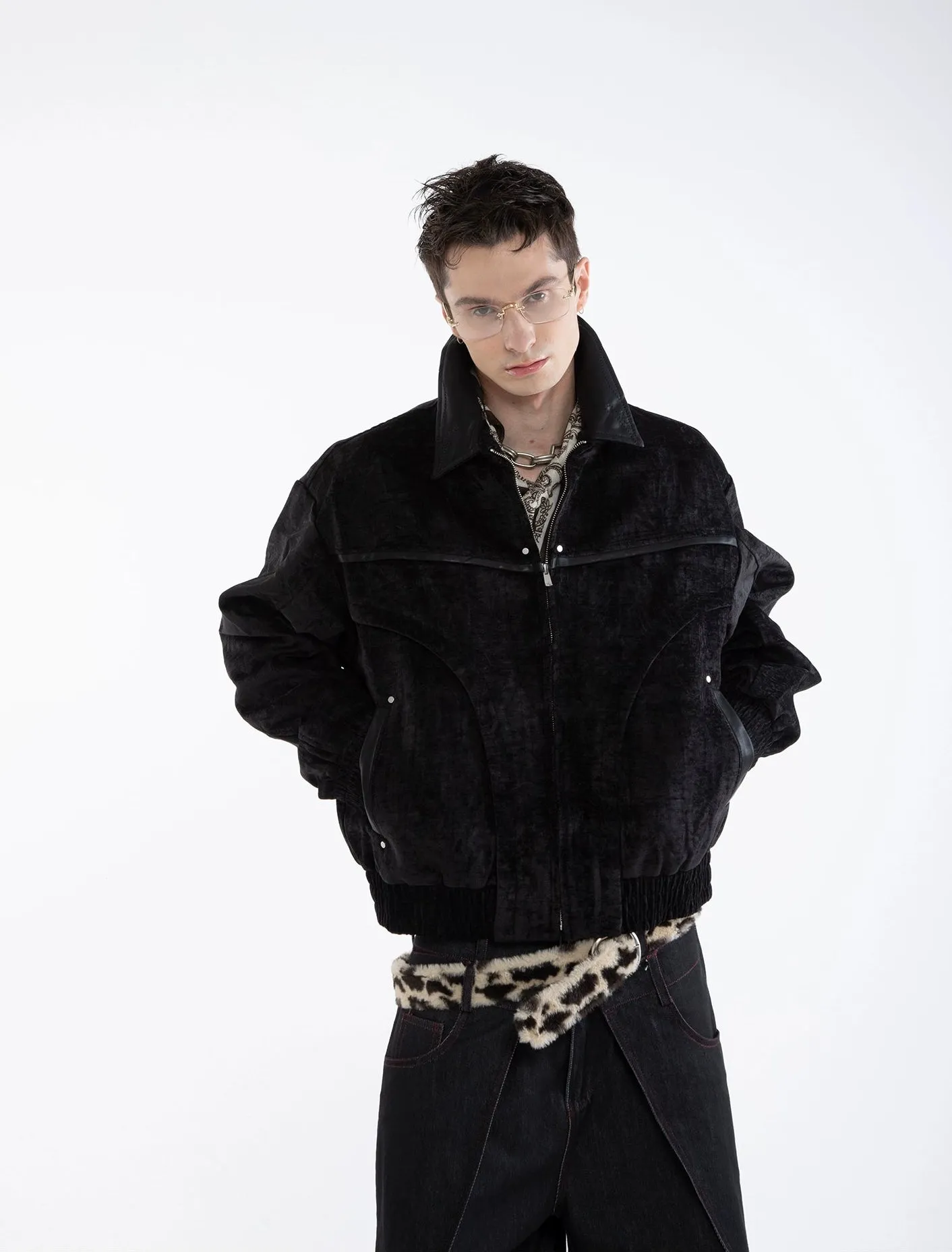 Paneled Mid-Crop Velvet Bomber Jacket sold by Night City Clothing product image thumbnail 2