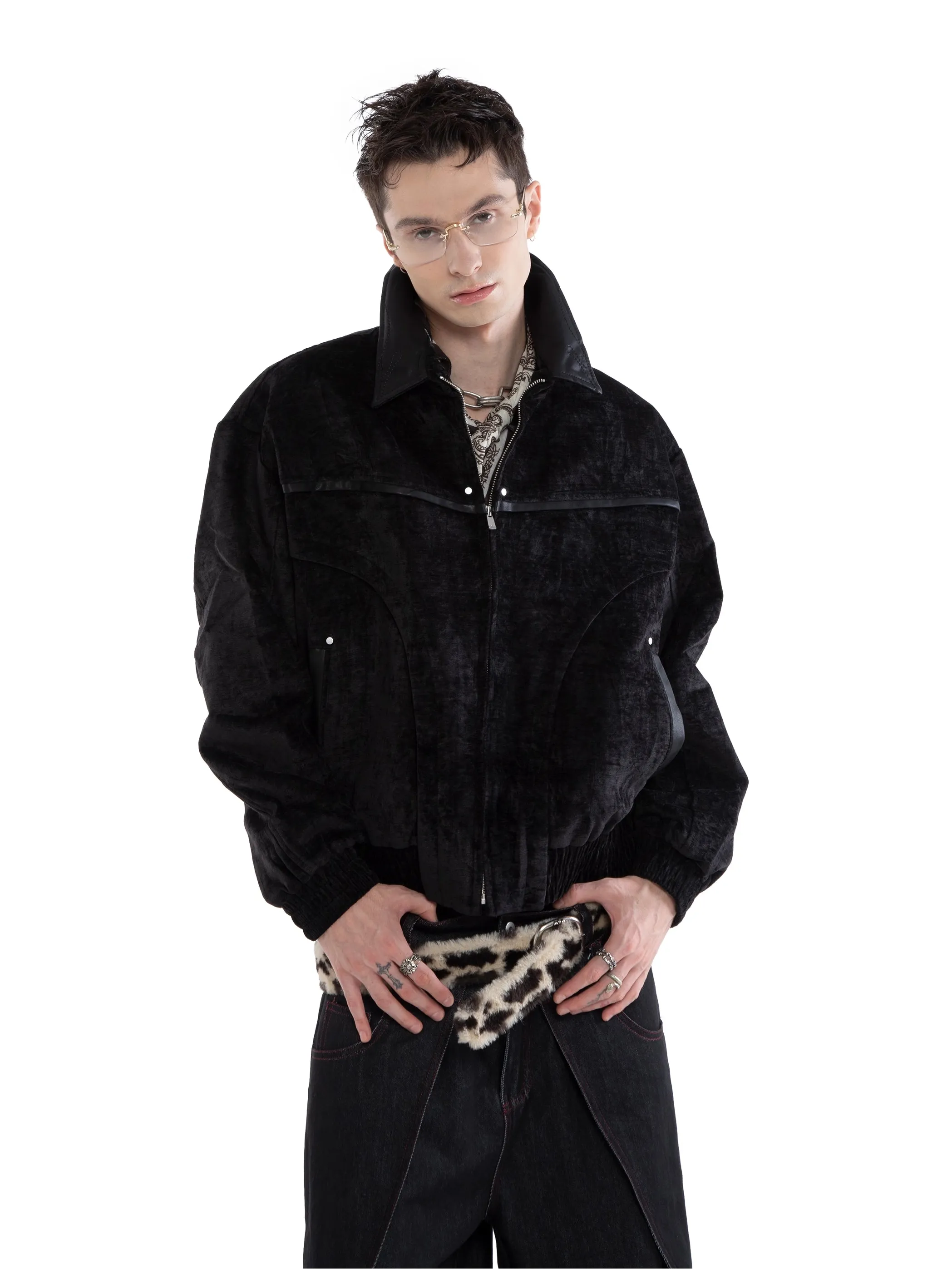 Paneled Mid-Crop Velvet Bomber Jacket sold by Night City Clothing
