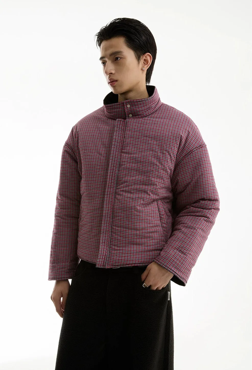 Wide High Collar Plaid Reversible Puffer Jacket sold by Night City Clothing