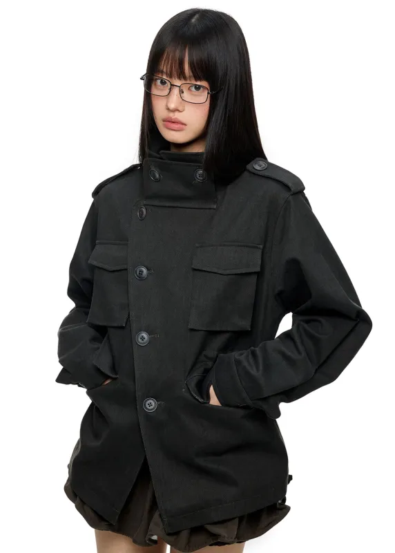 Asymmetric Overlap High-Collar Military Jacket sold by Night City Clothing