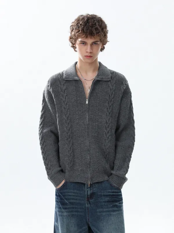 Cable-Knit Zip Ribbed Trim Cardigan sold by Night City Clothing