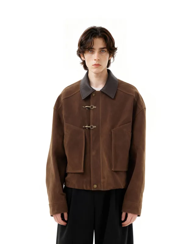Contrast Faux-Leather Collar Fireman Buckle Suede Jacket sold by Night City Clothing
