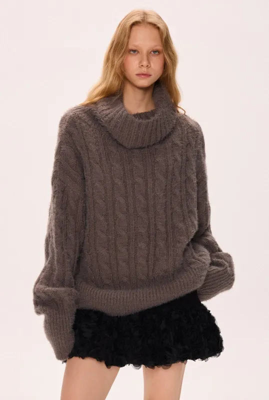 Chunky Cable Knit Turtleneck Sweater with Balloon Sleeves sold by Night City Clothing