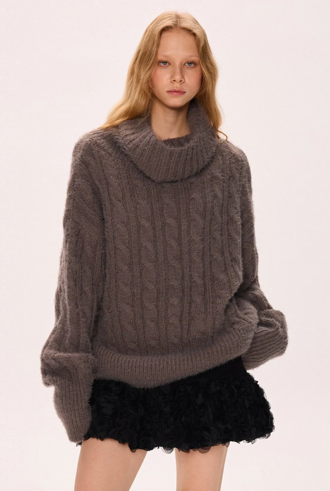 Chunky Cable Knit Turtleneck Sweater with Balloon Sleeves sold by Night City Clothing
