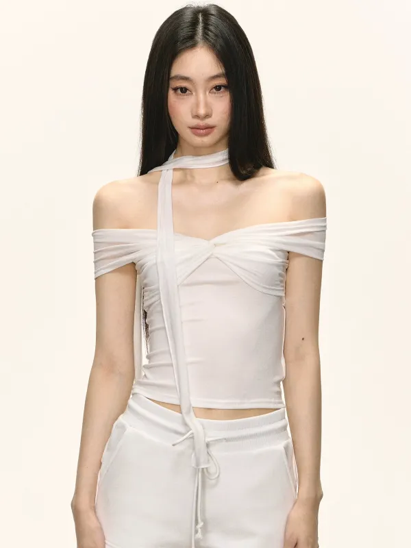 Sheer Off-Shoulder Twist Front Top with Scarf Detail sold by Night City Clothing