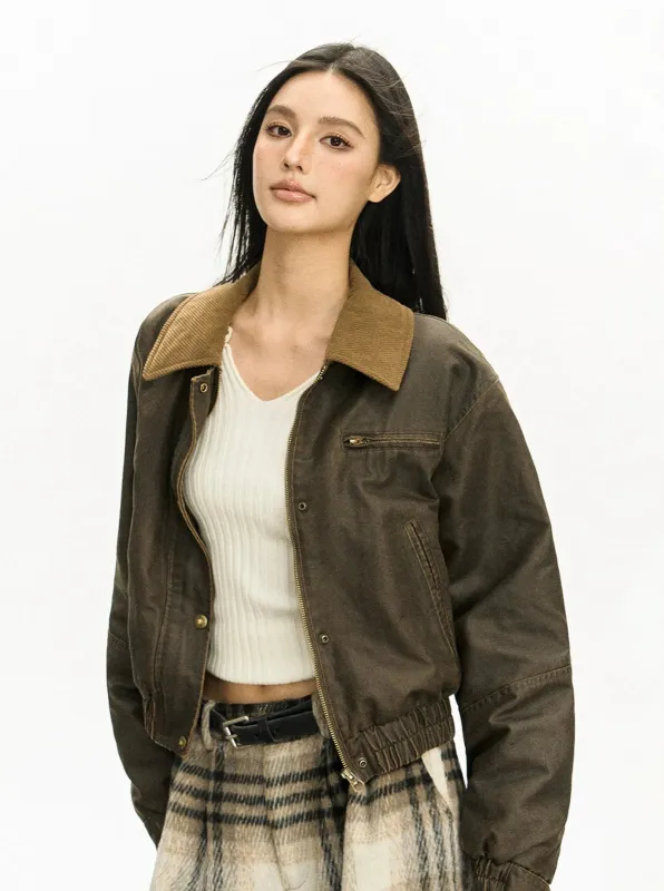 Contrast Corduroy Collar Faux Leather Zip Jacket sold by Night City Clothing