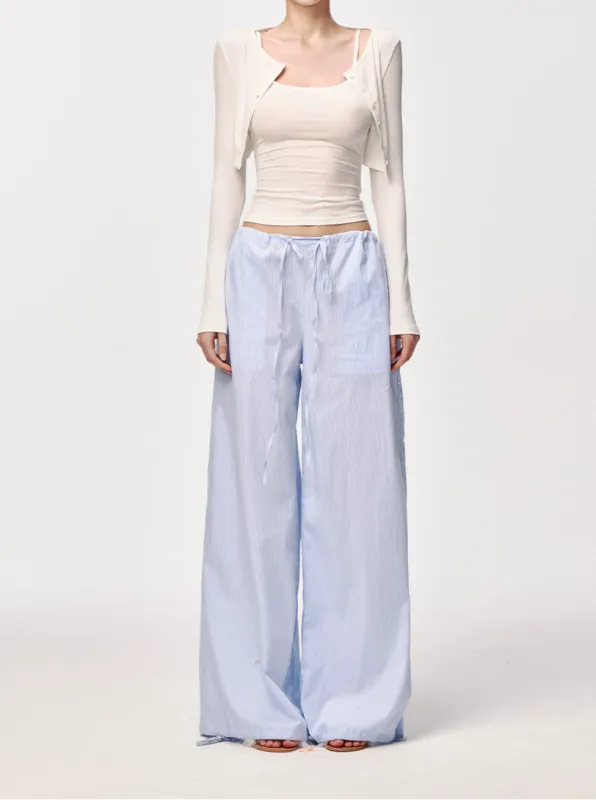 Pinstripe Wide Leg Drawstring Pants with Pockets sold by Night City Clothing