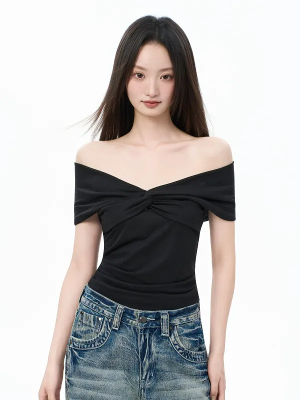 Off Shoulder Slim-Fit Twist Front Ribbed Top sold by Night City Clothing
